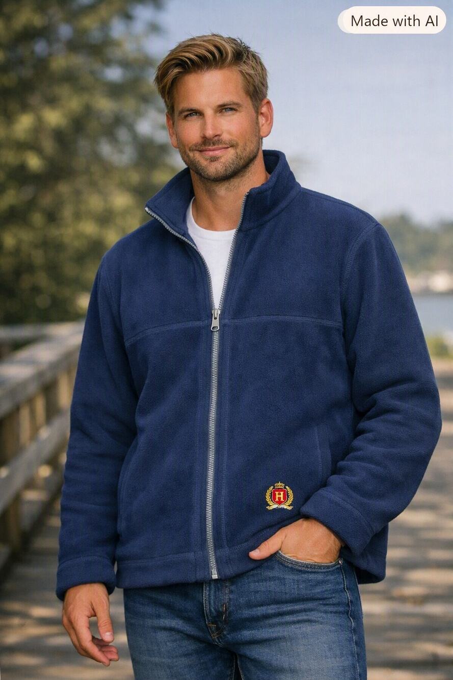 Vintage 90s Tommy Hilfiger Navy Blue Crest Embroidered Fleece Dad Jacket